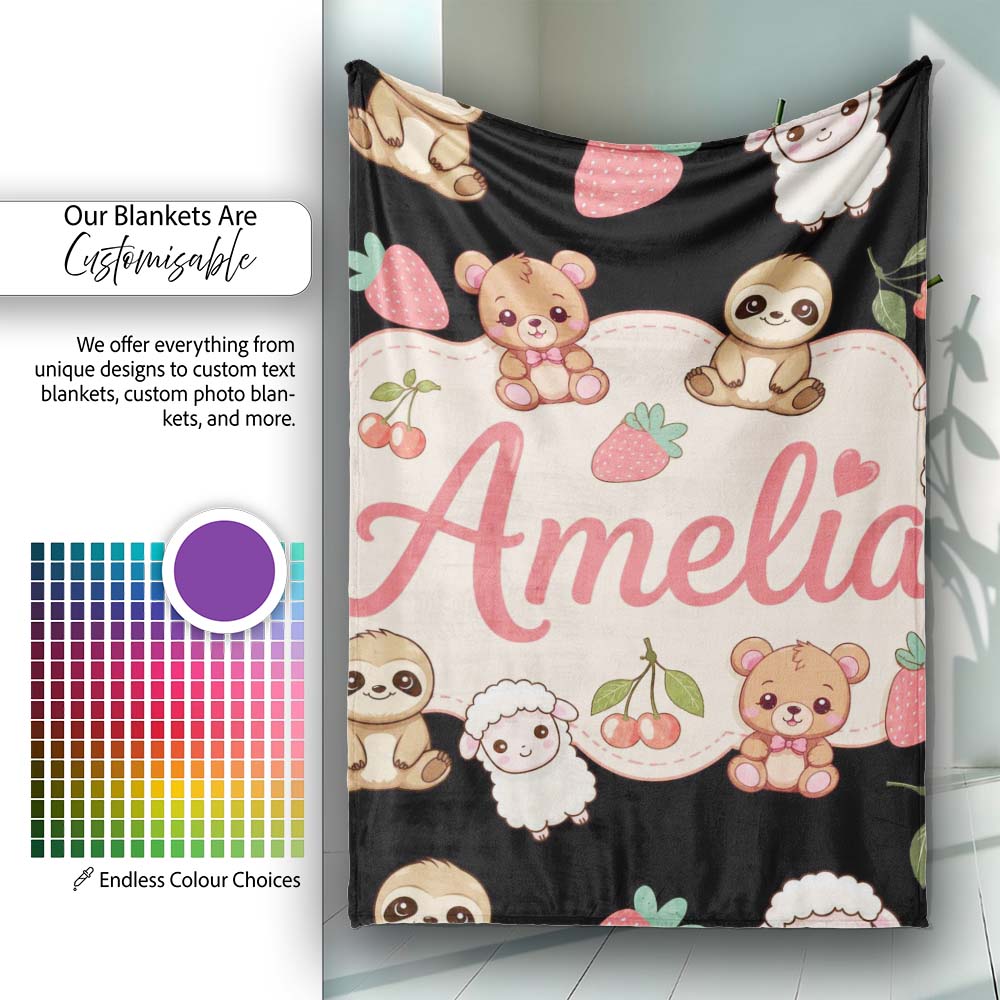 Cute Cute Baby Animals Bear Sheep Sloth Strawberry Cherry Black Personalised Custom Name Super Soft Fleece Blanket Bed Sofa Throw