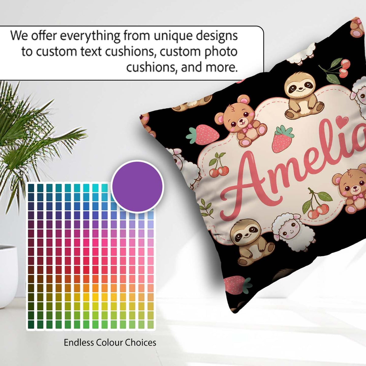 Custom Name Cute Cute Baby Animals Bear Sheep Sloth Cherry Black Square Filled Cushion Throw Pillow Sofa Bed Home Decor Zip Washable UK Made