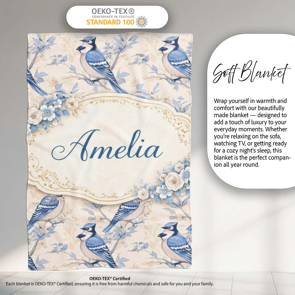 Vintage Blue Jay Bird Floral Toile Classic Botanical Nature Design Personalised Custom Name Super Soft Fleece Blanket Bed Sofa Throw