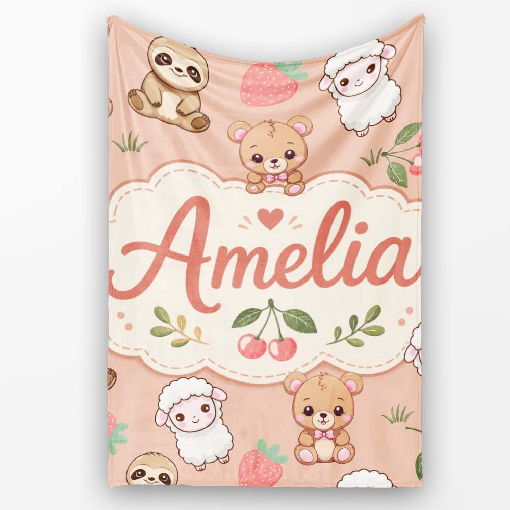 Cute Cute Baby Animals Bear Sheep Sloth Strawberry Cherry Peach Personalised Custom Name Super Soft Fleece Blanket Bed Sofa Throw