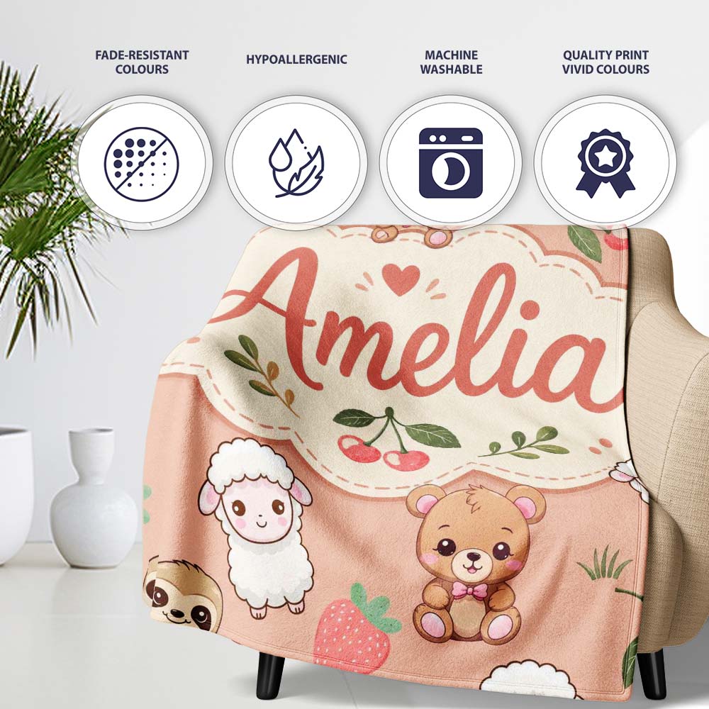 Cute Cute Baby Animals Bear Sheep Sloth Strawberry Cherry Peach Personalised Custom Name Super Soft Fleece Blanket Bed Sofa Throw