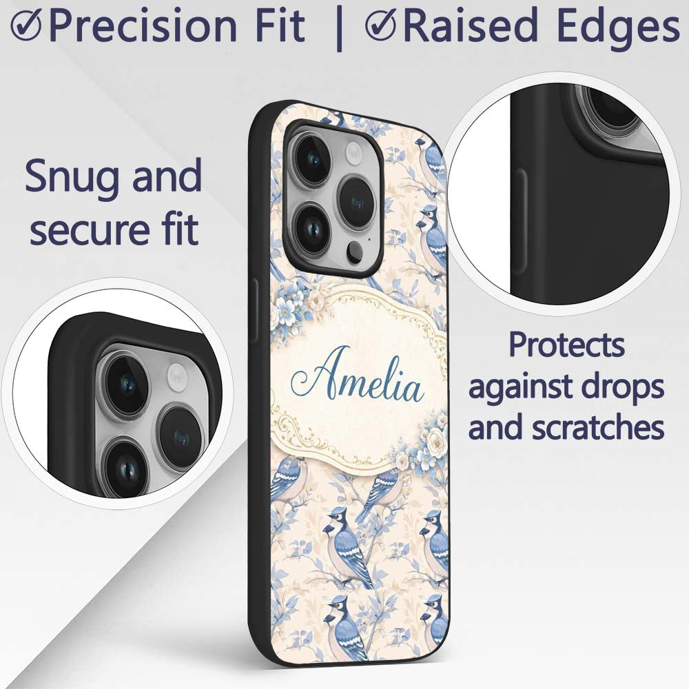 Vintage Blue Jay Bird Floral Toile Printed Design Custom Name Protective Phone Case Mobile Cover Durable Everyday Smartphone Shock Resistant