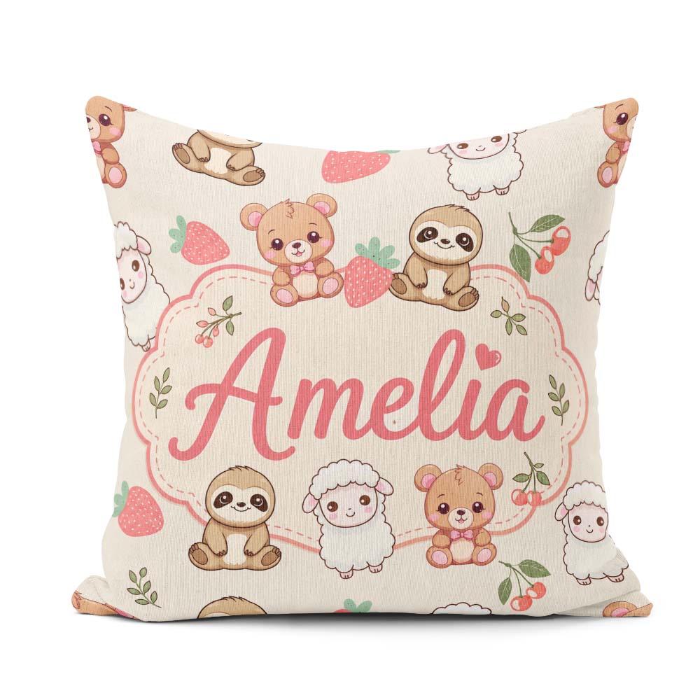 Custom Name Cute Cute Baby Animals Bear Sheep Sloth Cherry Cream Square Filled Cushion Throw Pillow Sofa Bed Home Decor Zip Washable UK Made
