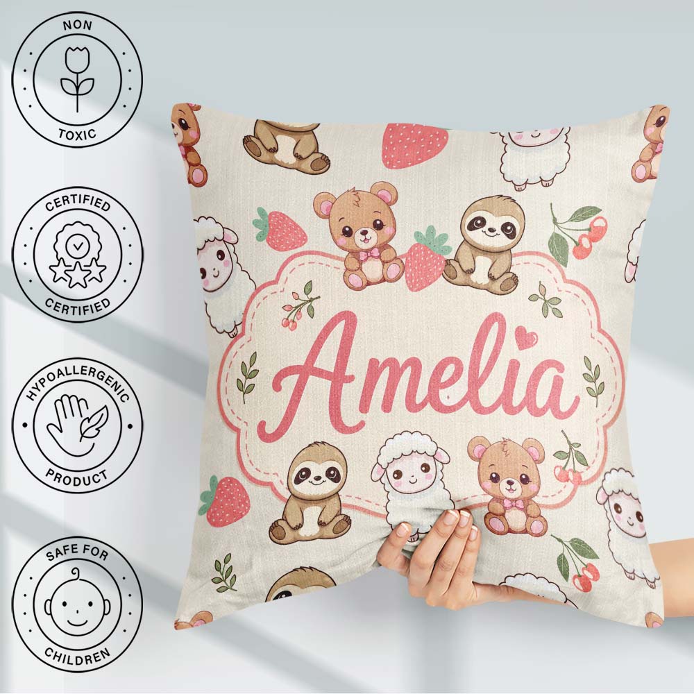 Custom Name Cute Cute Baby Animals Bear Sheep Sloth Cherry Cream Square Filled Cushion Throw Pillow Sofa Bed Home Decor Zip Washable UK Made