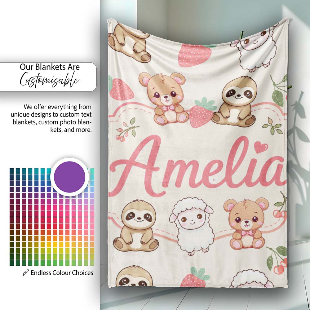 Cute Cute Baby Animals Bear Sheep Sloth Strawberry Cherry Cream Personalised Custom Name Super Soft Fleece Blanket Bed Sofa Throw