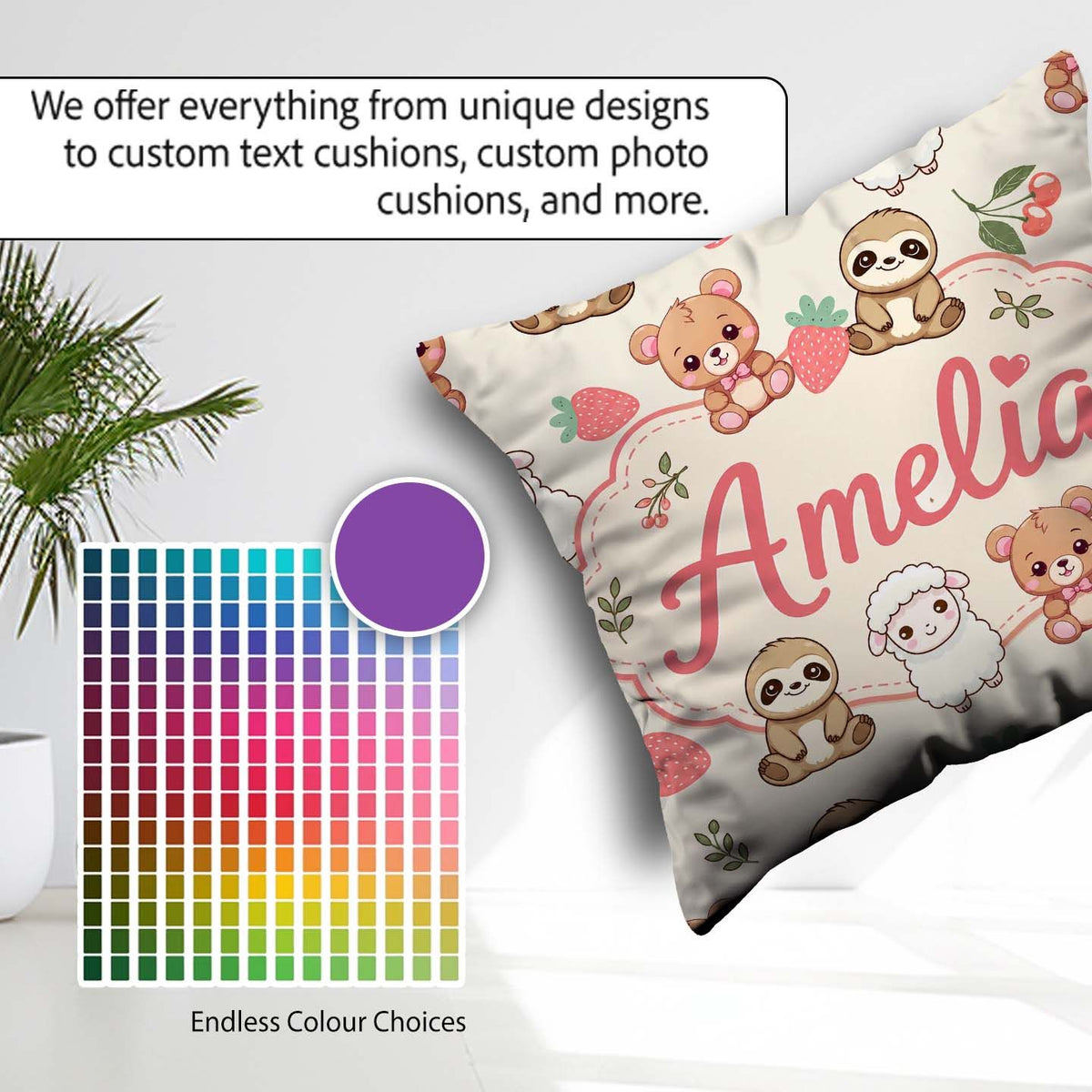 Custom Name Cute Cute Baby Animals Bear Sheep Sloth Cherry Cream Square Filled Cushion Throw Pillow Sofa Bed Home Decor Zip Washable UK Made