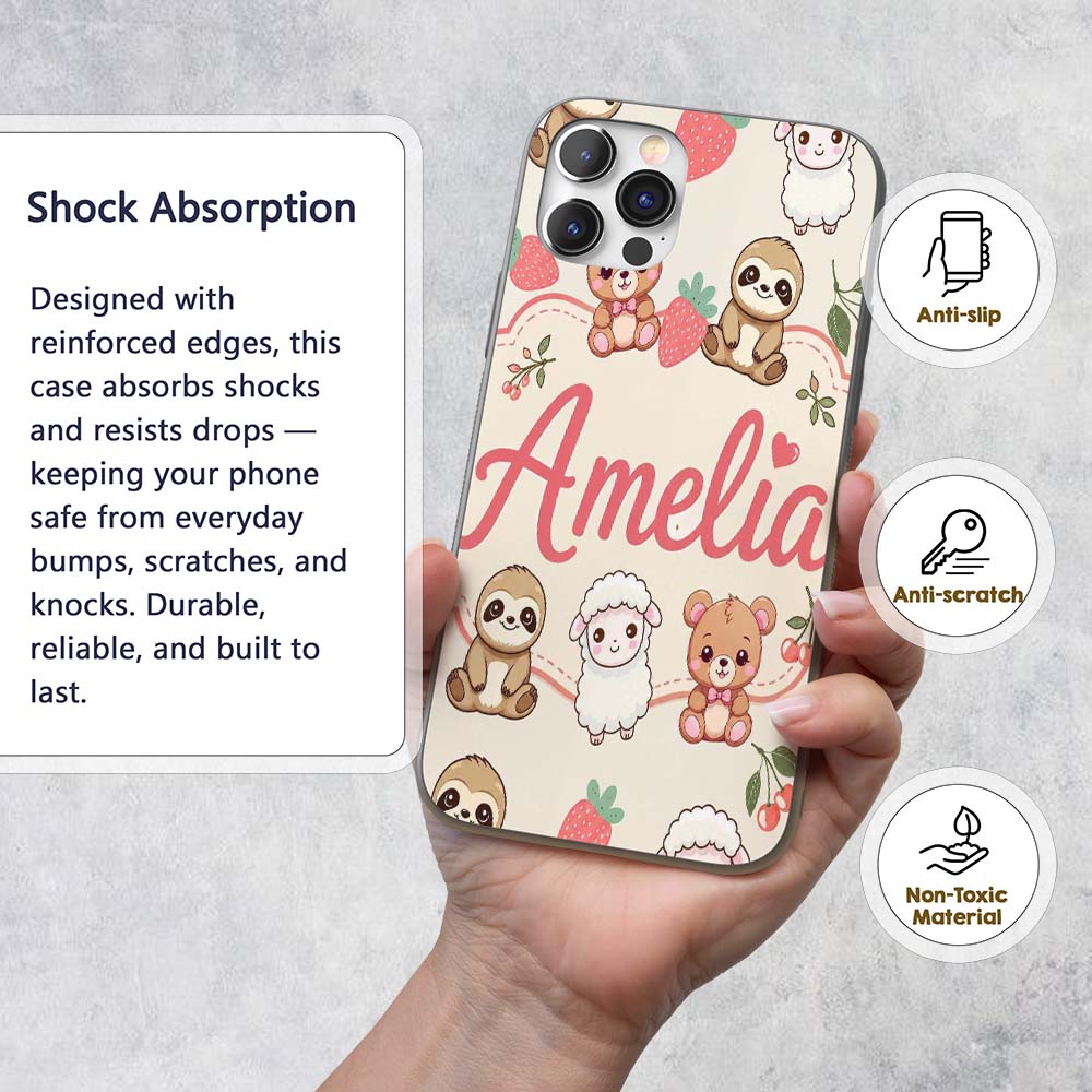 Cute Baby Animals Bear Sheep Sloth Strawberry Custom Name Protective Phone Case Mobile Cover Durable Everyday Smartphone Shock Resistant
