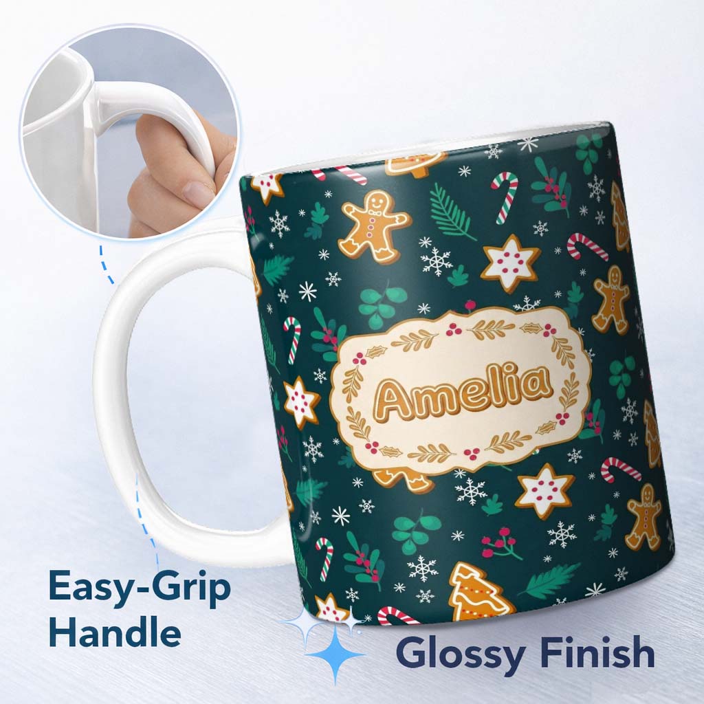 Personalized Custom Name Cute Gingerbread Candy Cane Star Holly Seamless Pattern Festive 11oz Ceramic Coffee Tea Mug White Large Handle
