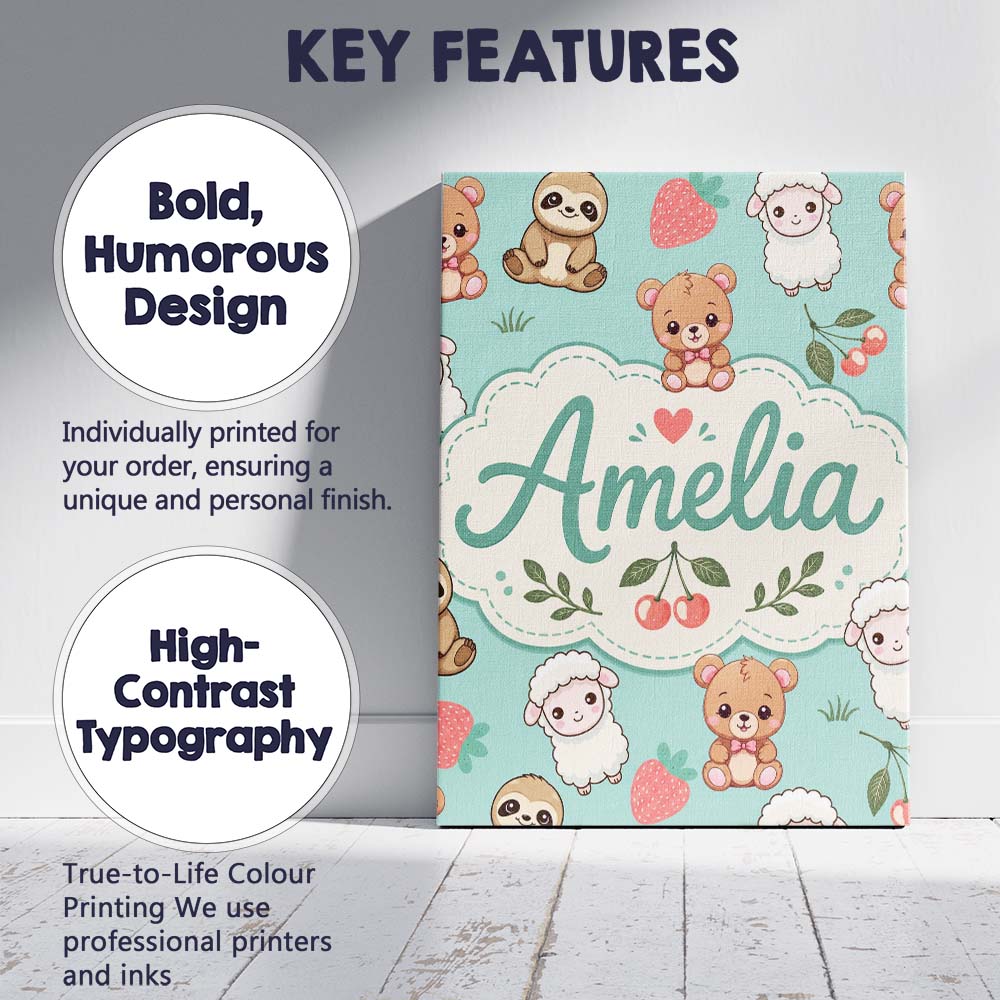 Personalised Name Cute Baby Animals Custom Stylish Home Interior Elegant Feature Canvas Wall Art Print Decor Picture Ready to Hang