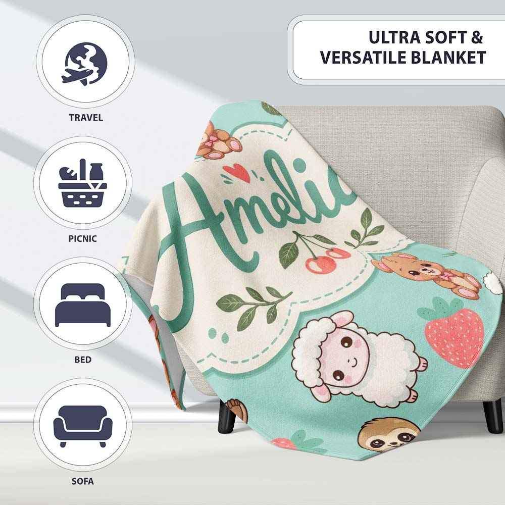 Cute Cute Baby Animals Bear Sheep Sloth Strawberry Cherry Mint Personalised Custom Name Super Soft Fleece Blanket Bed Sofa Throw