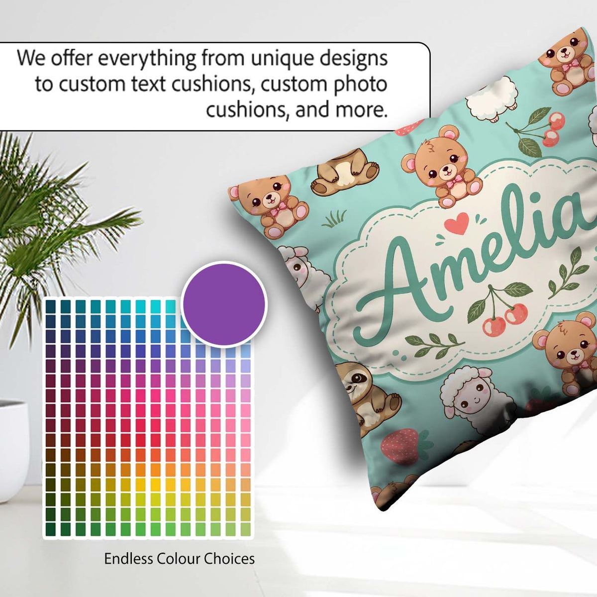 Custom Name Baby Animals Bear Sheep Sloth Strawberry Cherry Mint Square Filled Cushion Throw Pillow Sofa Bed Home Decor Zip Washable UK Made