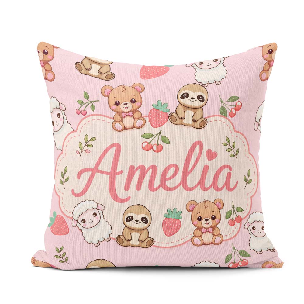 Custom Name Baby Animals Bear Sheep Sloth Strawberry Cherry Pink Square Filled Cushion Throw Pillow Sofa Bed Home Decor Zip Washable UK Made