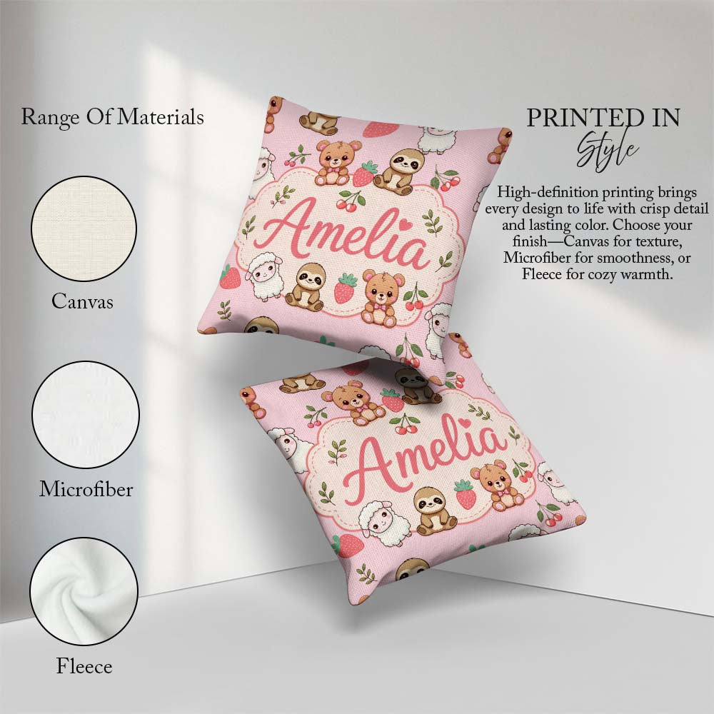 Custom Name Baby Animals Bear Sheep Sloth Strawberry Cherry Pink Square Filled Cushion Throw Pillow Sofa Bed Home Decor Zip Washable UK Made