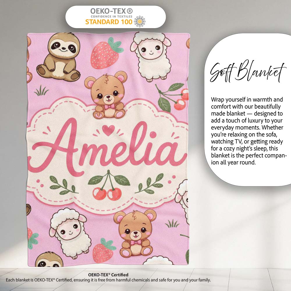 Cute Baby Animals Bear Sheep Sloth Strawberry Cherry Pink Background Personalised Custom Name Super Soft Fleece Blanket Bed Sofa Throw