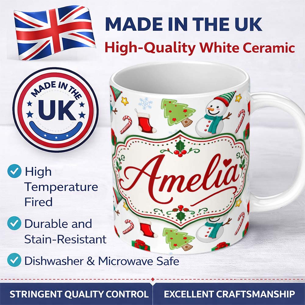 Personalized Custom Name Cute Snowman Candy Cane Gift Tree Seamless Pattern Festive Winter 11oz Ceramic Coffee Tea Mug White Large Handle
