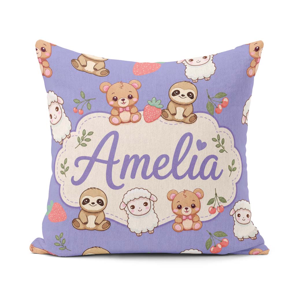 Custom Name Cute Baby Animals Bear Sheep Sloth Strawberry Cherry Square Filled Cushion Throw Pillow Sofa Bed Home Decor Zip Washable UK Made
