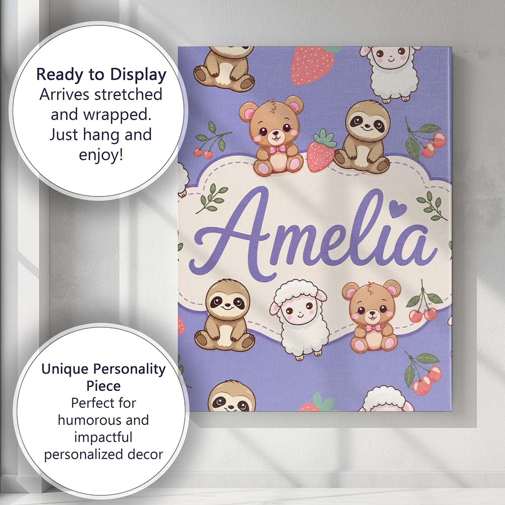 Personalised Name Cute Baby Animals Bear Custom Unique Gift Idea Elegant Feature Canvas Wall Art Print Decor Picture Ready to Hang
