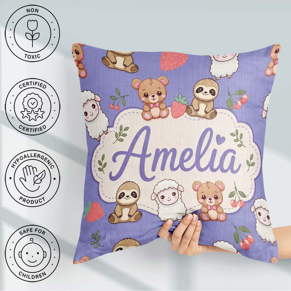 Custom Name Cute Baby Animals Bear Sheep Sloth Strawberry Cherry Square Filled Cushion Throw Pillow Sofa Bed Home Decor Zip Washable UK Made