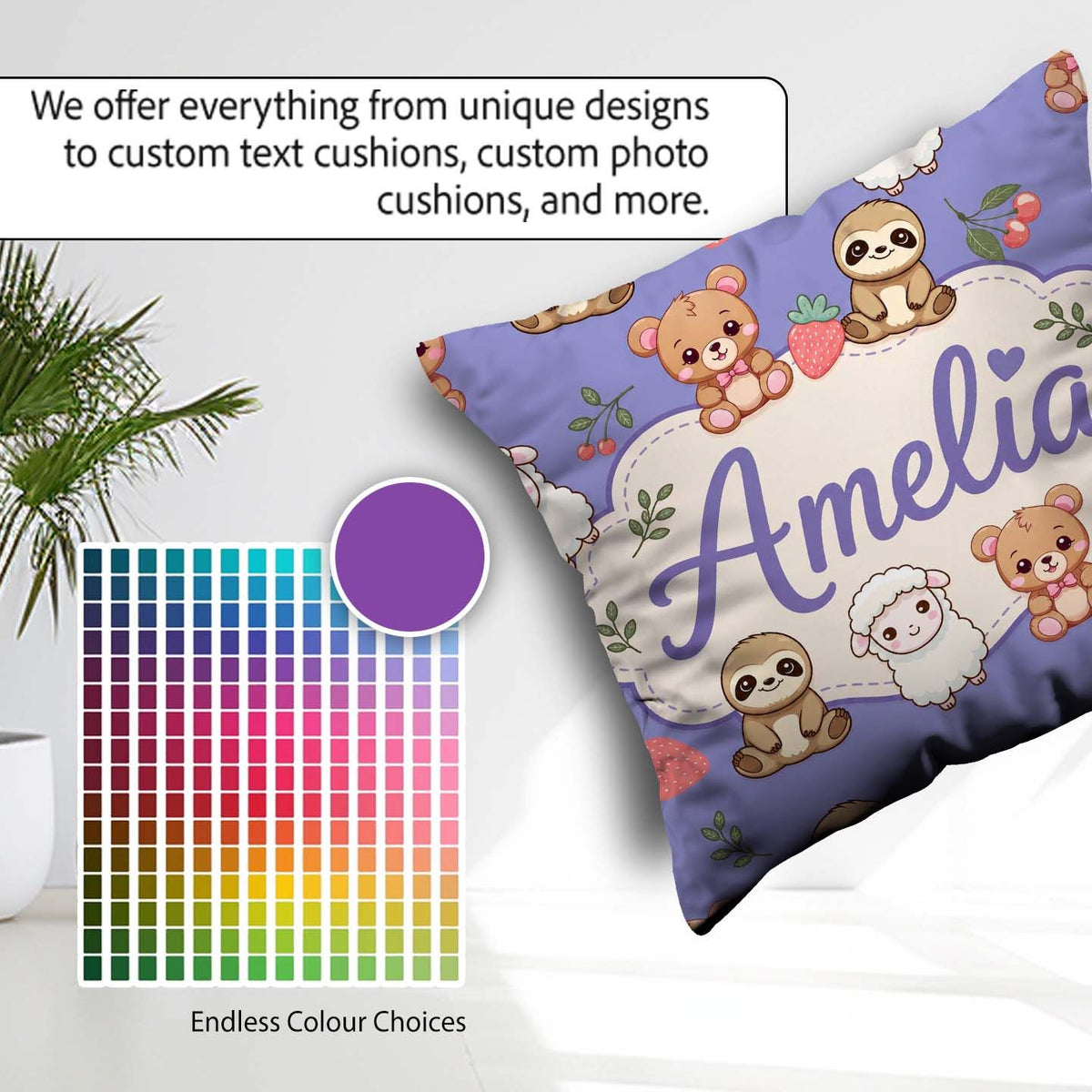 Custom Name Cute Baby Animals Bear Sheep Sloth Strawberry Cherry Square Filled Cushion Throw Pillow Sofa Bed Home Decor Zip Washable UK Made