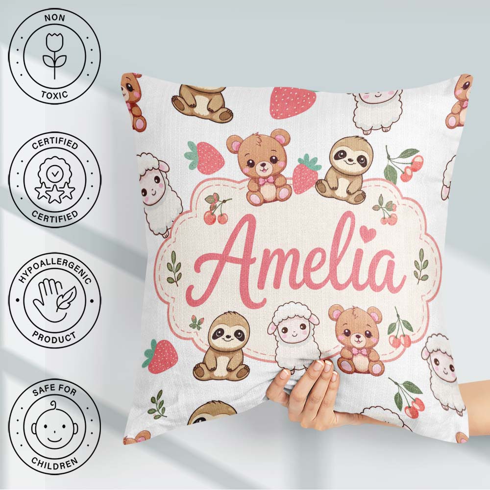Custom Name Cute Baby Animals Bear Sheep Sloth Cherry Light Grey Square Filled Cushion Throw Pillow Sofa Bed Home Decor Zip Washable UK Made