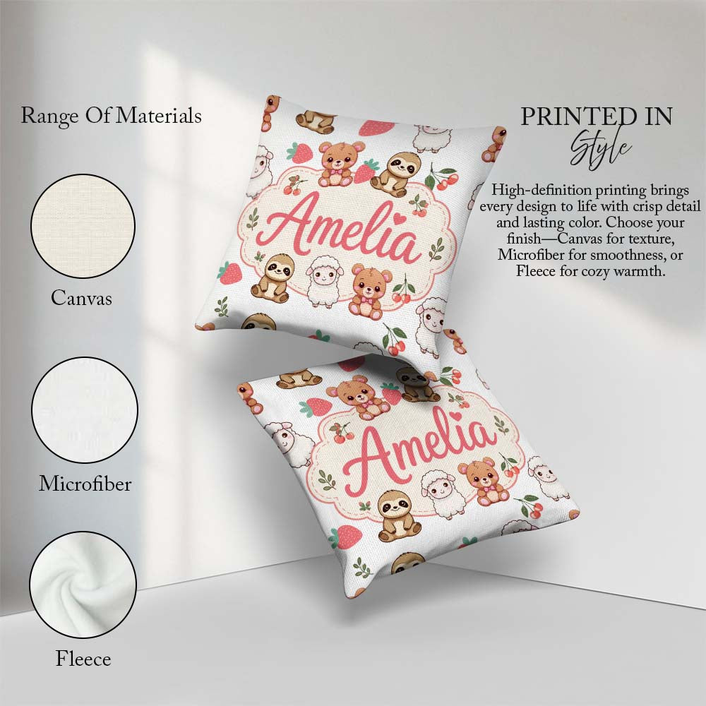 Custom Name Cute Baby Animals Bear Sheep Sloth Cherry Light Grey Square Filled Cushion Throw Pillow Sofa Bed Home Decor Zip Washable UK Made
