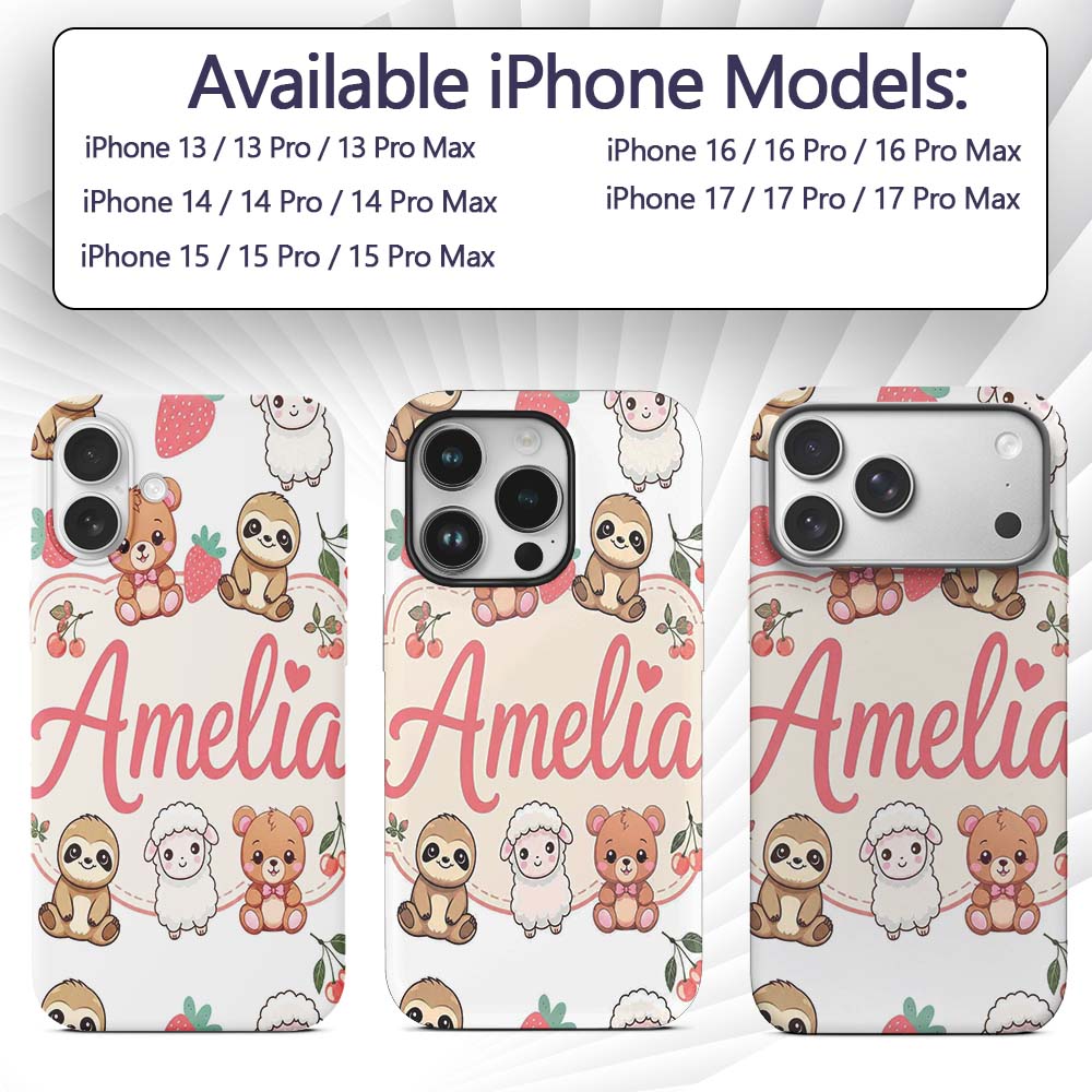 Cute Baby Animals Bear Sheep Sloth Strawberry Custom Name Protective Phone Case Mobile Cover Durable Everyday Smartphone Shock Resistant