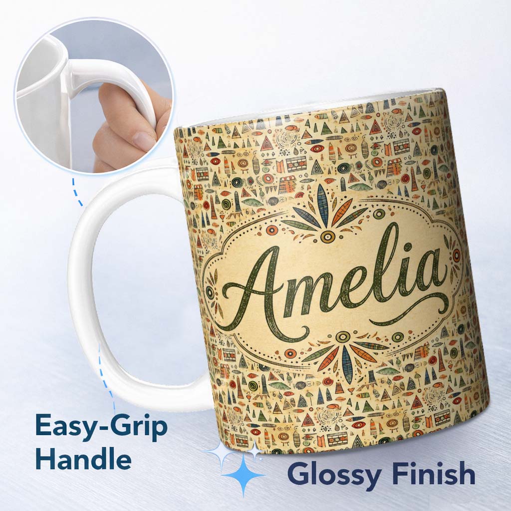 Personalized Custom Name Earthy Tribal Symbols Hand Drawn Ethnic Seamless Pattern Design 11oz Ceramic Coffee Tea Mug White Large Handle