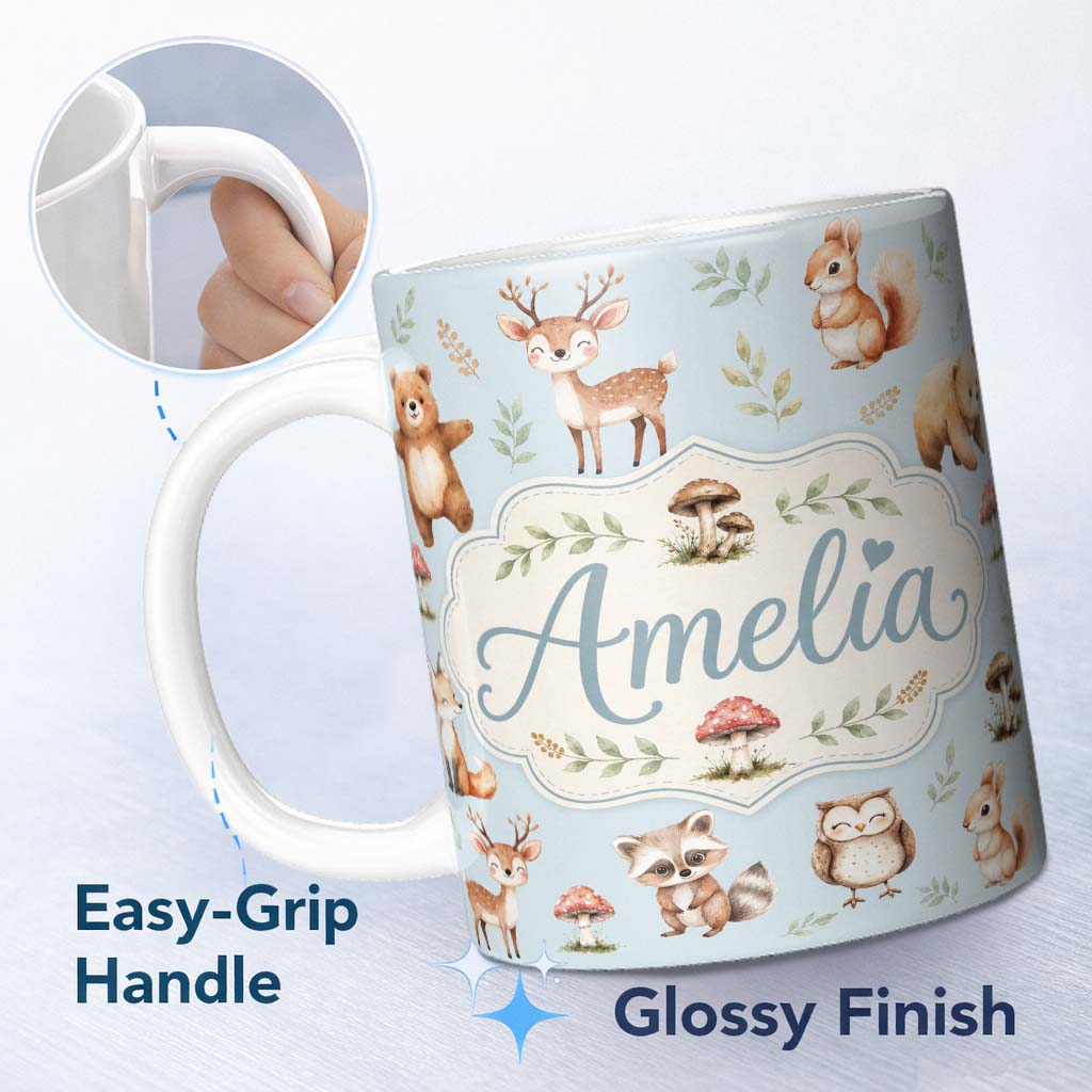 Personalized Custom Name Forest Animals Bear Deer Fox Owl Raccoon on Soft Blue Seamless 11oz Ceramic Coffee Tea Mug White Large Handle