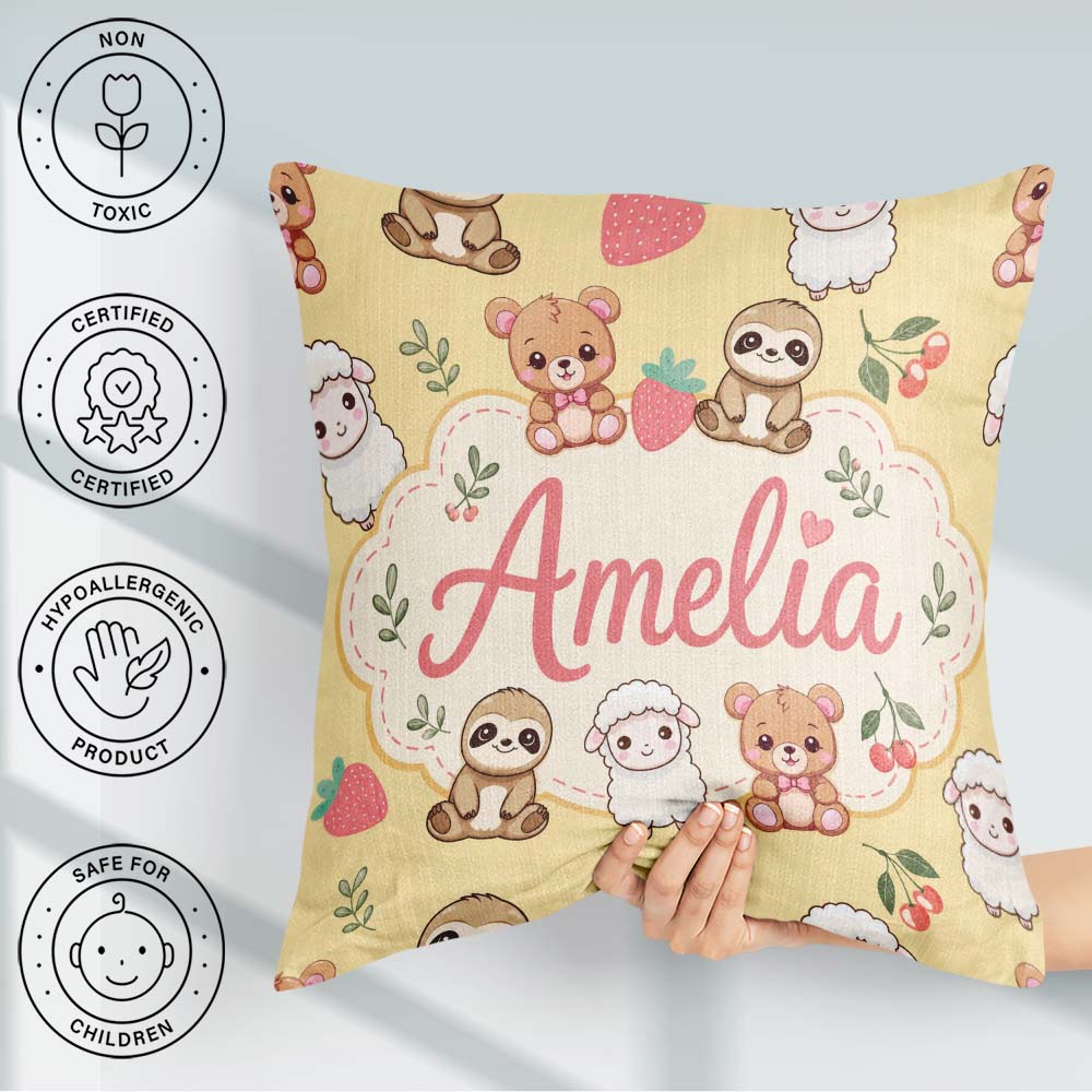 Custom Name Cute Baby Animals Bear Sheep Sloth Strawberry Cherry Square Filled Cushion Throw Pillow Sofa Bed Home Decor Zip Washable UK Made