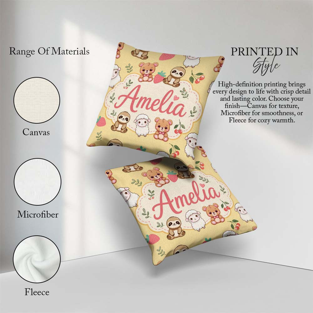 Custom Name Cute Baby Animals Bear Sheep Sloth Strawberry Cherry Square Filled Cushion Throw Pillow Sofa Bed Home Decor Zip Washable UK Made