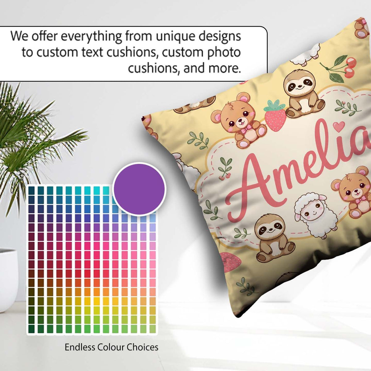 Custom Name Cute Baby Animals Bear Sheep Sloth Strawberry Cherry Square Filled Cushion Throw Pillow Sofa Bed Home Decor Zip Washable UK Made