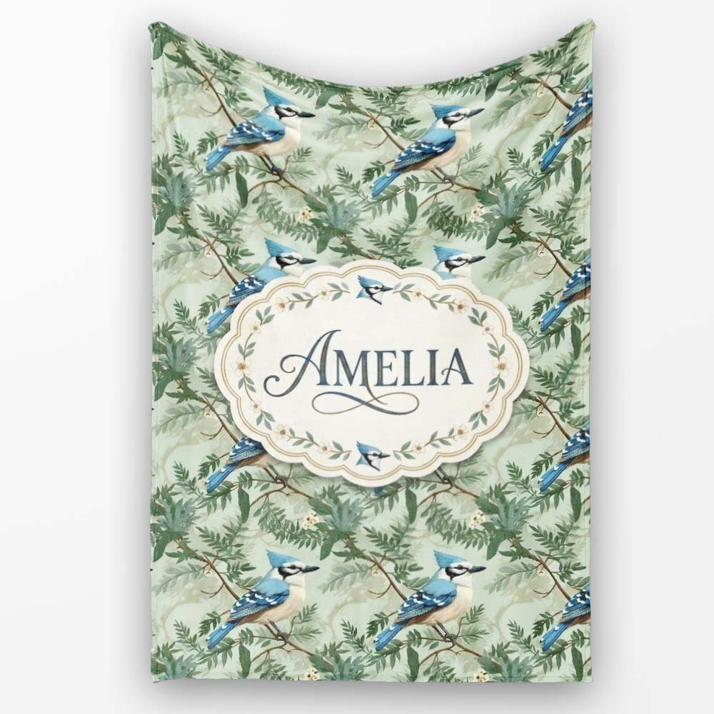 Blue Jay Bird Green Leaf Branch Natural Woodland Botanical Design Personalised Custom Name Super Soft Fleece Blanket Bed Sofa Throw