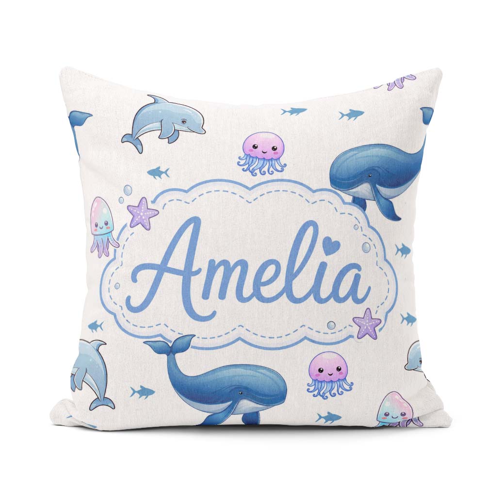 Custom Name Ocean Animals Whale Shark Jellyfish White Background Square Filled Cushion Throw Pillow Sofa Bed Home Decor Zip Washable UK Made