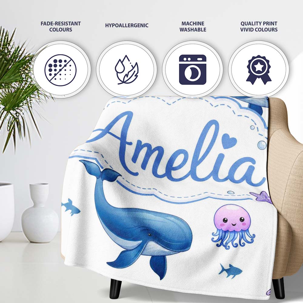 Cute Ocean Animals Dolphin Whale Shark Jellyfish White Background Personalised Custom Name Super Soft Fleece Blanket Bed Sofa Throw