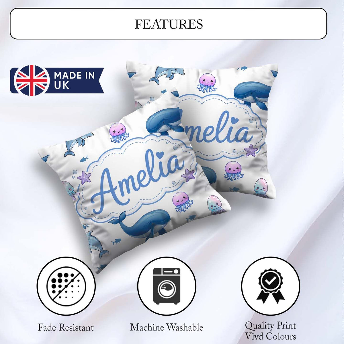 Custom Name Ocean Animals Whale Shark Jellyfish White Background Square Filled Cushion Throw Pillow Sofa Bed Home Decor Zip Washable UK Made