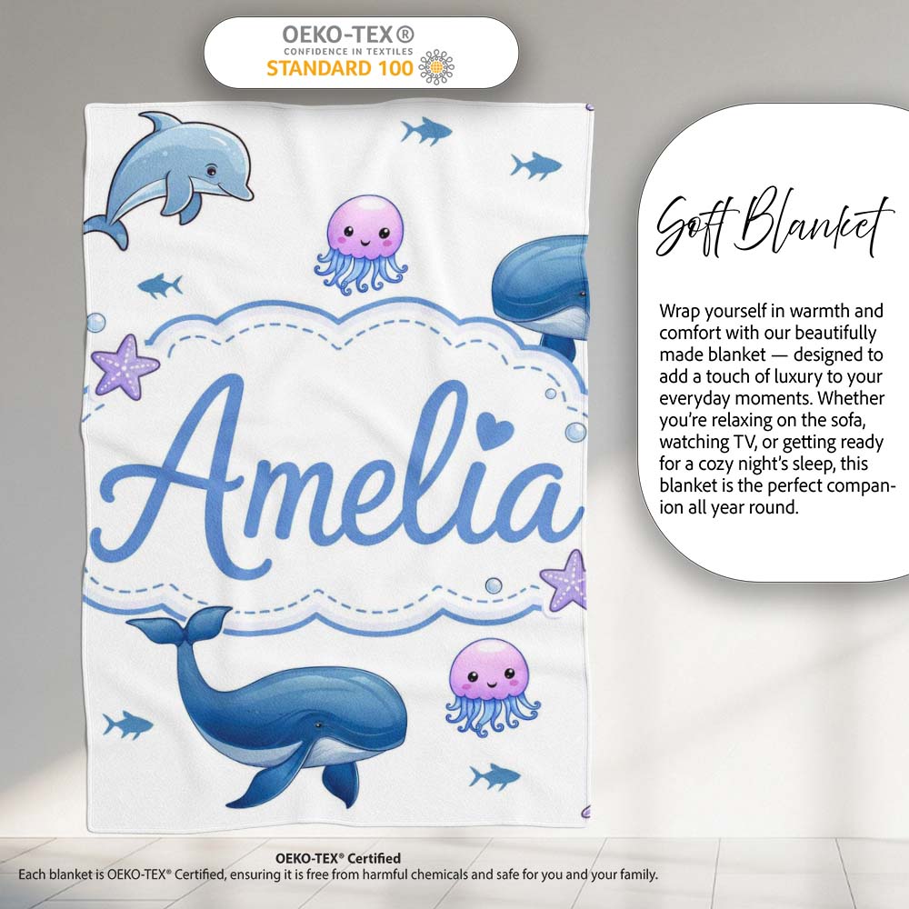 Cute Ocean Animals Dolphin Whale Shark Jellyfish White Background Personalised Custom Name Super Soft Fleece Blanket Bed Sofa Throw