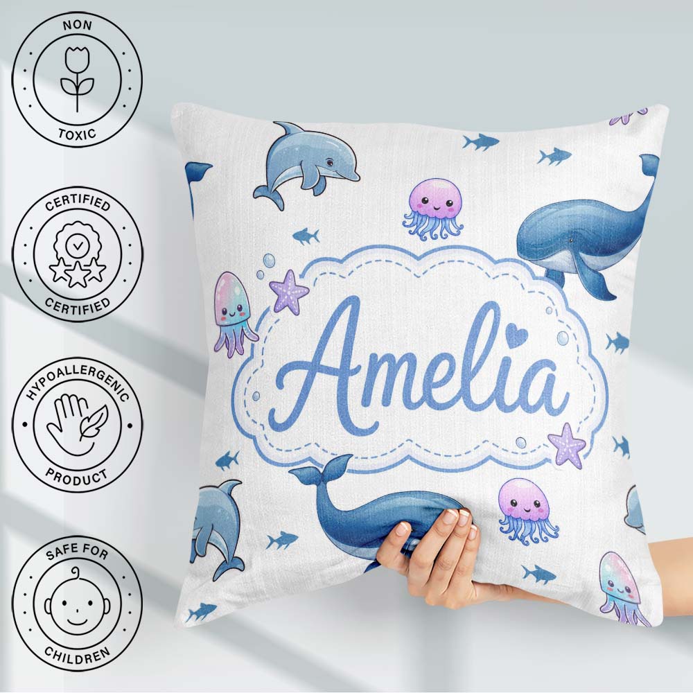 Custom Name Ocean Animals Whale Shark Jellyfish White Background Square Filled Cushion Throw Pillow Sofa Bed Home Decor Zip Washable UK Made