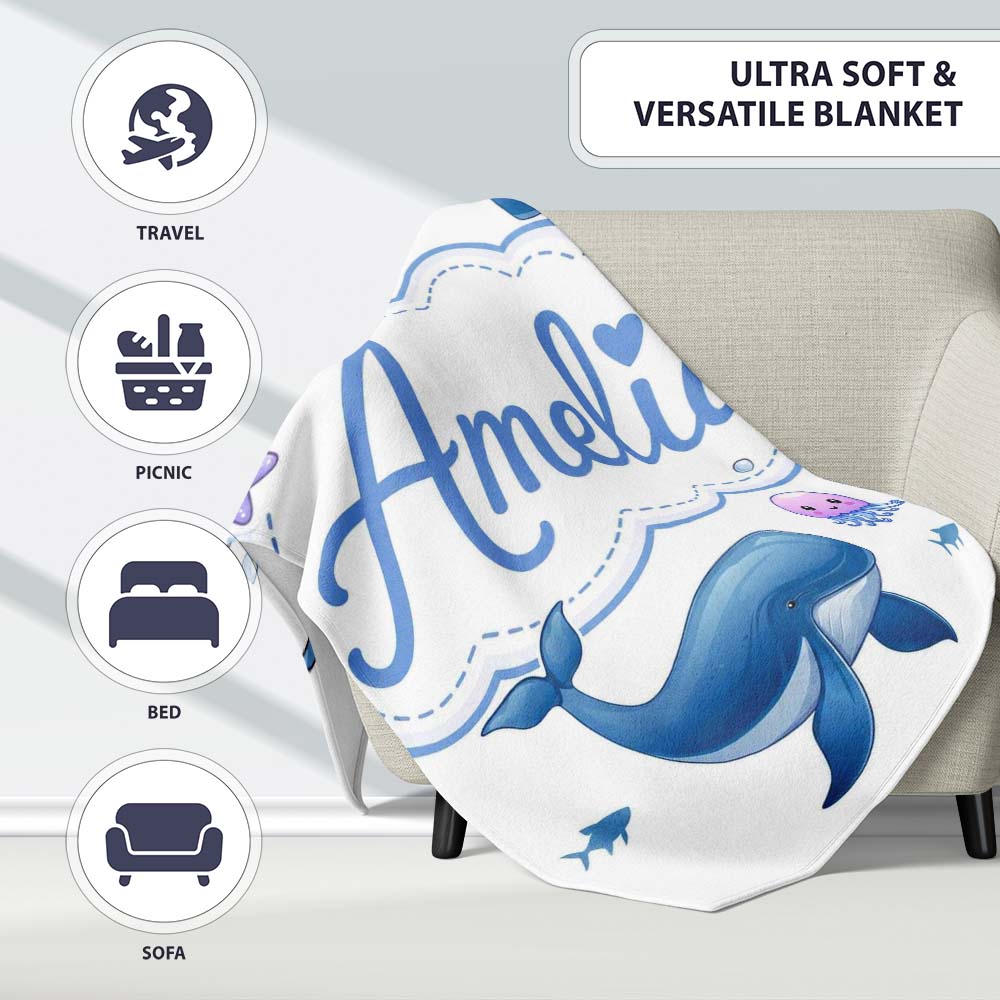 Cute Ocean Animals Dolphin Whale Shark Jellyfish White Background Personalised Custom Name Super Soft Fleece Blanket Bed Sofa Throw