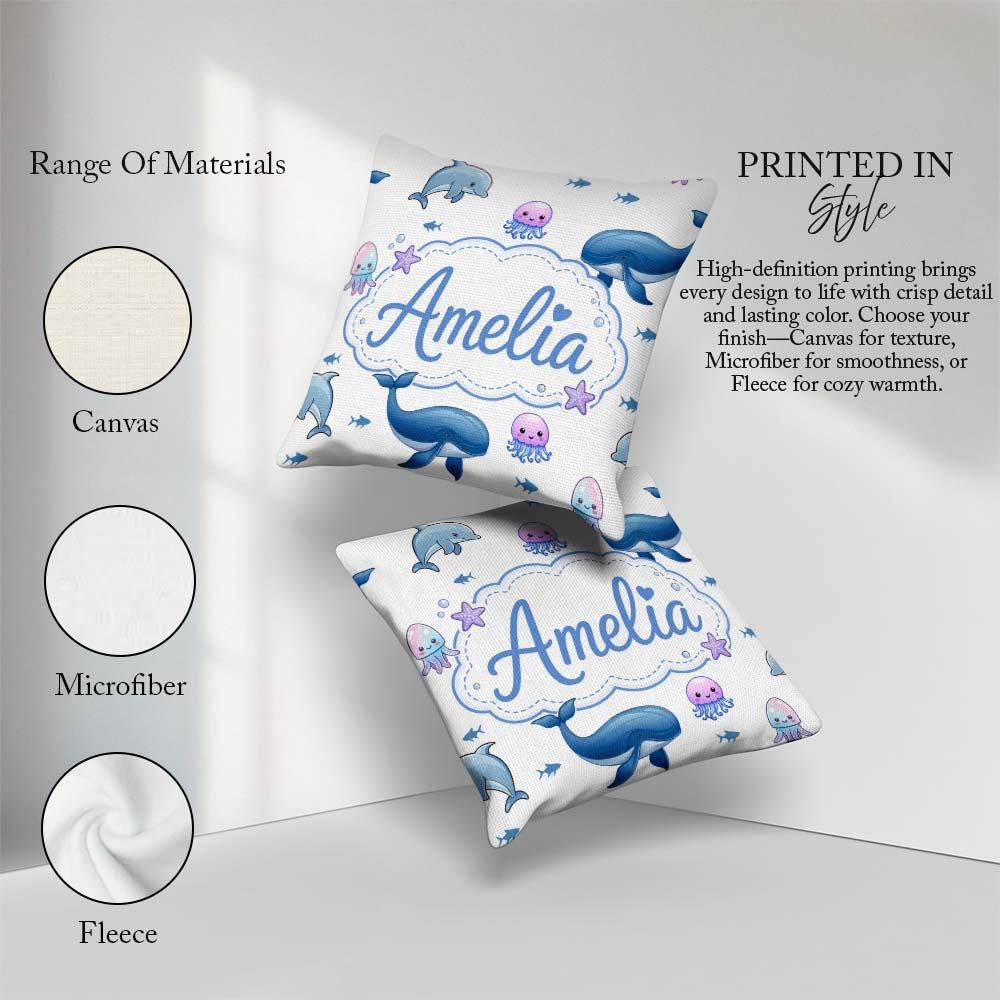 Custom Name Ocean Animals Whale Shark Jellyfish White Background Square Filled Cushion Throw Pillow Sofa Bed Home Decor Zip Washable UK Made