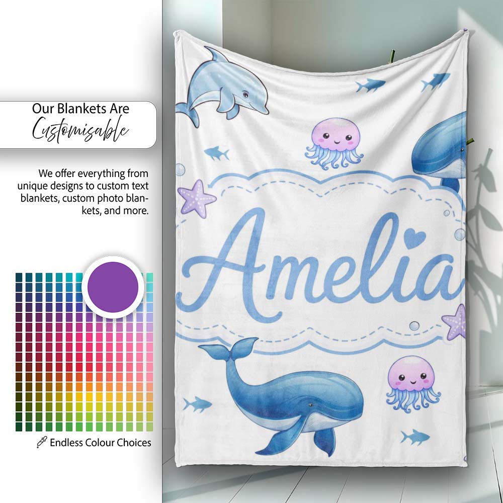 Cute Ocean Animals Dolphin Whale Shark Jellyfish White Background Personalised Custom Name Super Soft Fleece Blanket Bed Sofa Throw