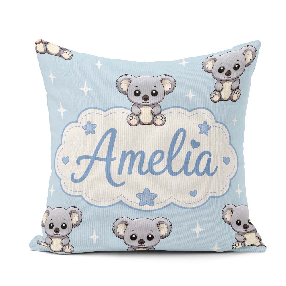Custom Name Cute Koala Bears with Stars Blue Background Seamless Square Filled Cushion Throw Pillow Sofa Bed Home Decor Zip Washable UK Made