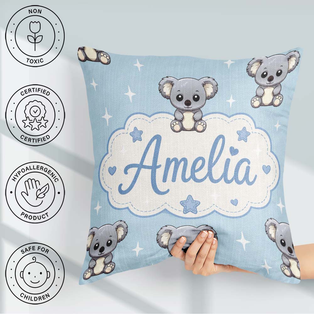 Custom Name Cute Koala Bears with Stars Blue Background Seamless Square Filled Cushion Throw Pillow Sofa Bed Home Decor Zip Washable UK Made