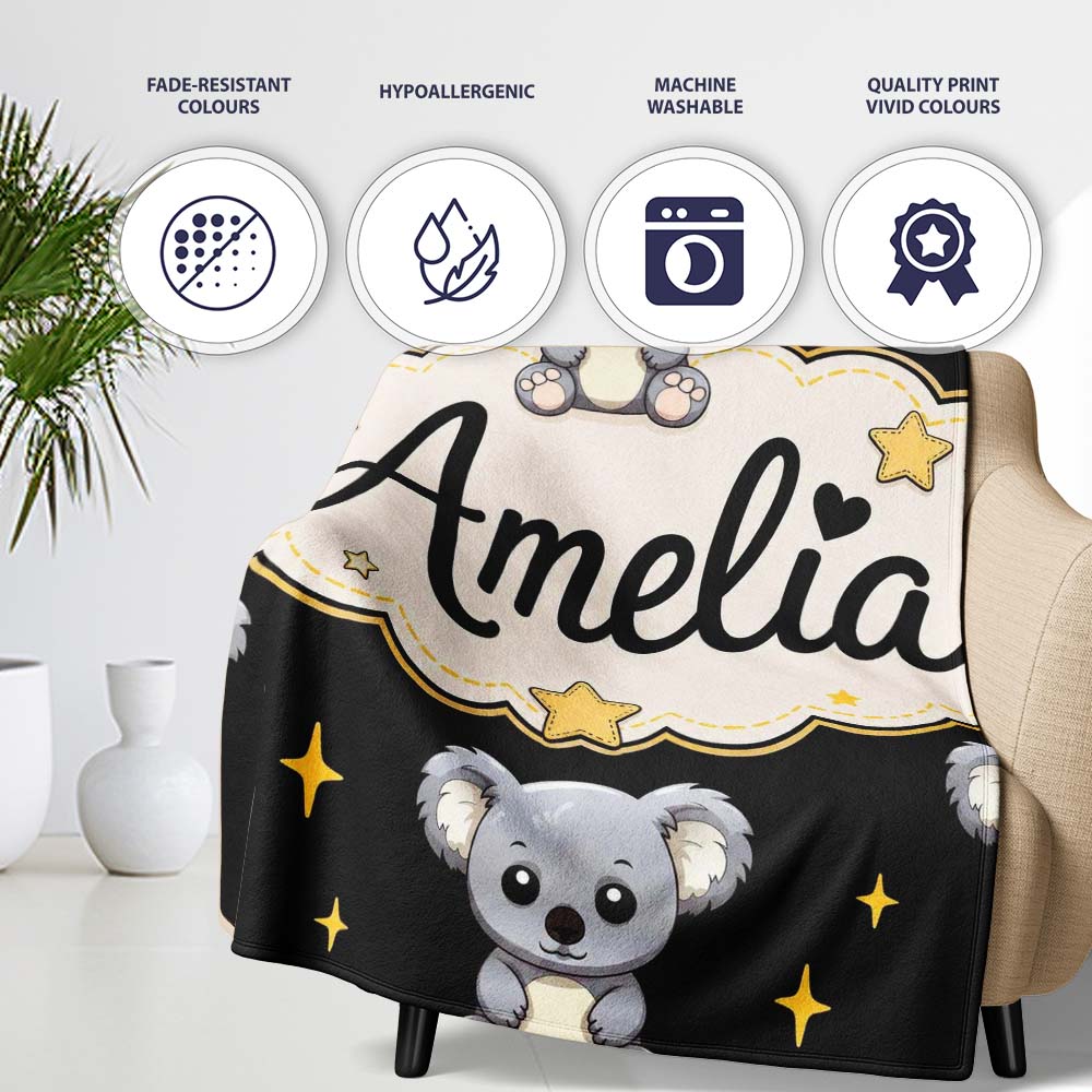 Cute Koala Bears with Stars Black Background Seamless Pattern Lovely Personalised Custom Name Super Soft Fleece Blanket Bed Sofa Throw