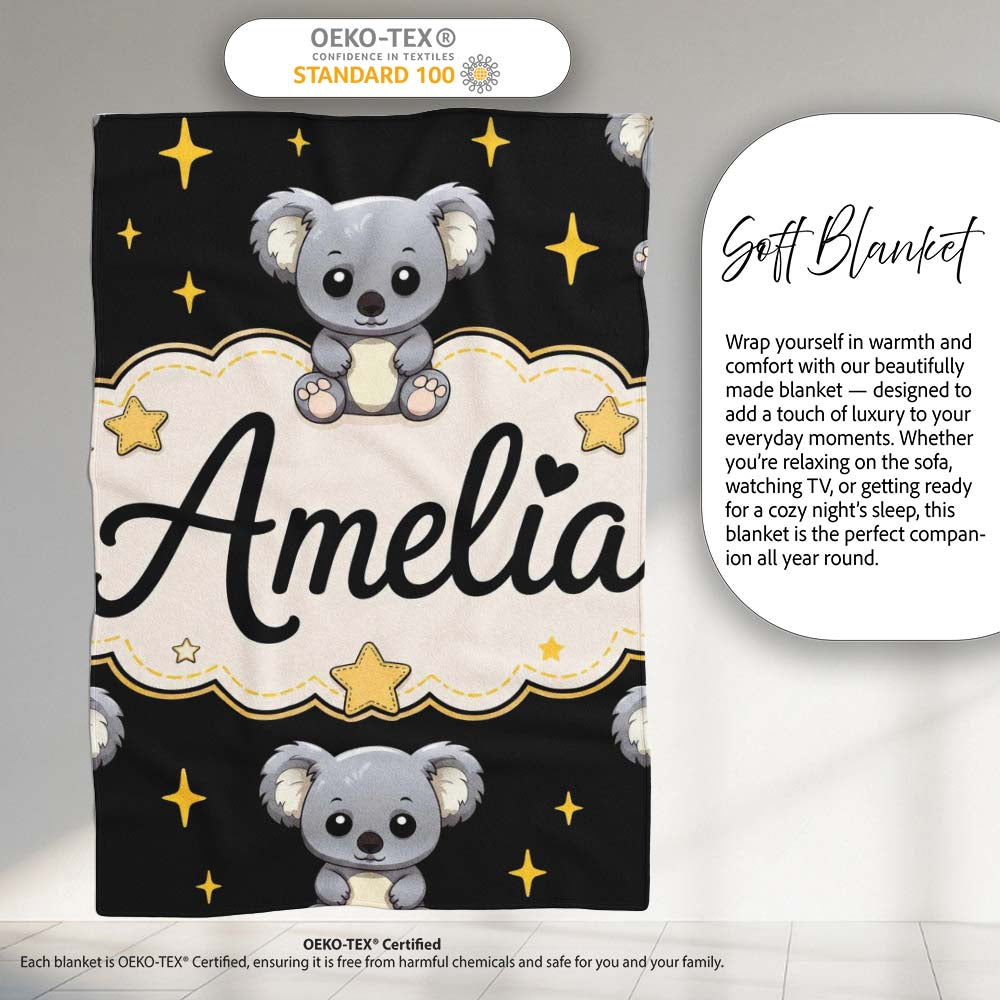 Cute Koala Bears with Stars Black Background Seamless Pattern Lovely Personalised Custom Name Super Soft Fleece Blanket Bed Sofa Throw