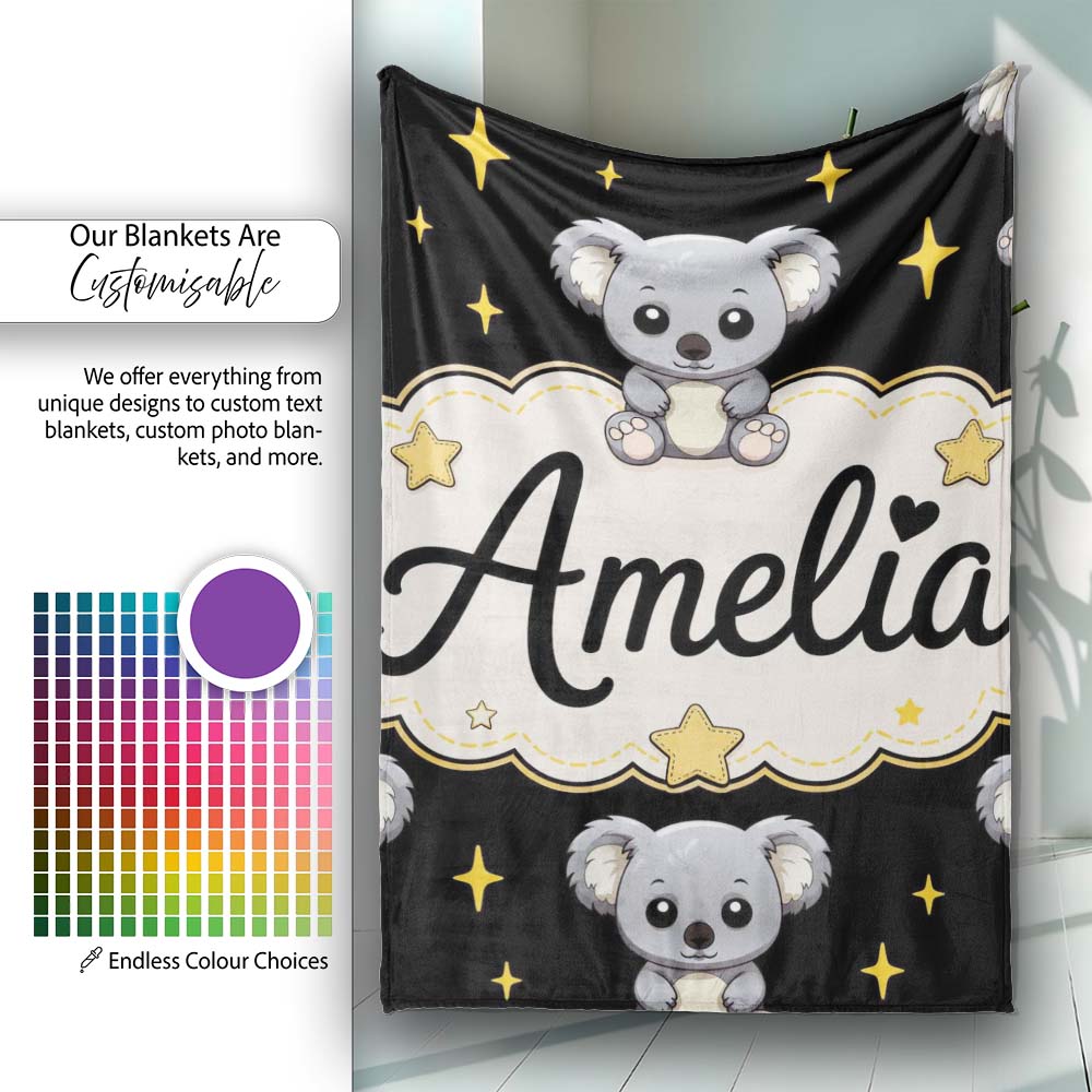 Cute Koala Bears with Stars Black Background Seamless Pattern Lovely Personalised Custom Name Super Soft Fleece Blanket Bed Sofa Throw