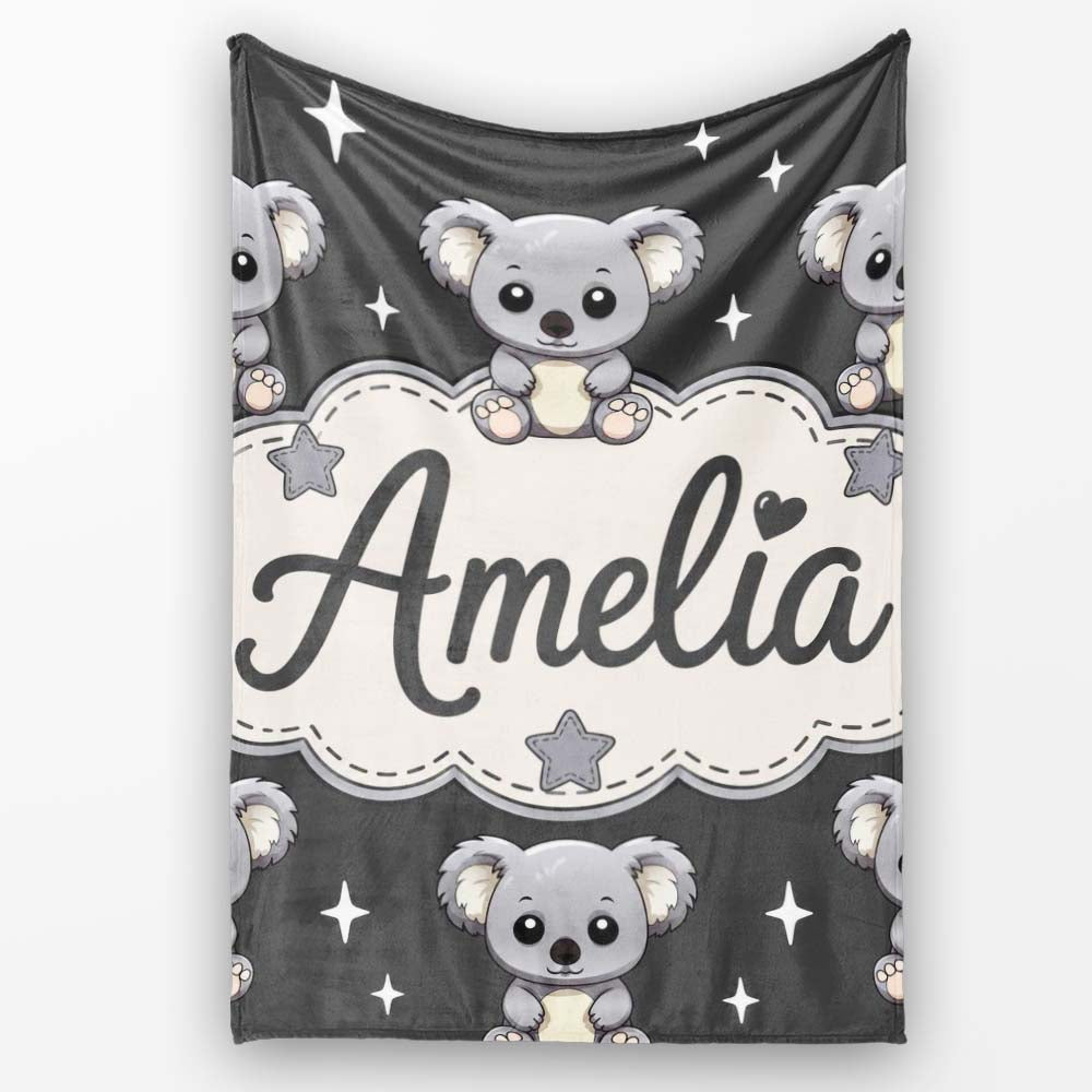 Cute Koala Bears with Stars Dark Grey Background Seamless Pattern Personalised Custom Name Super Soft Fleece Blanket Bed Sofa Throw