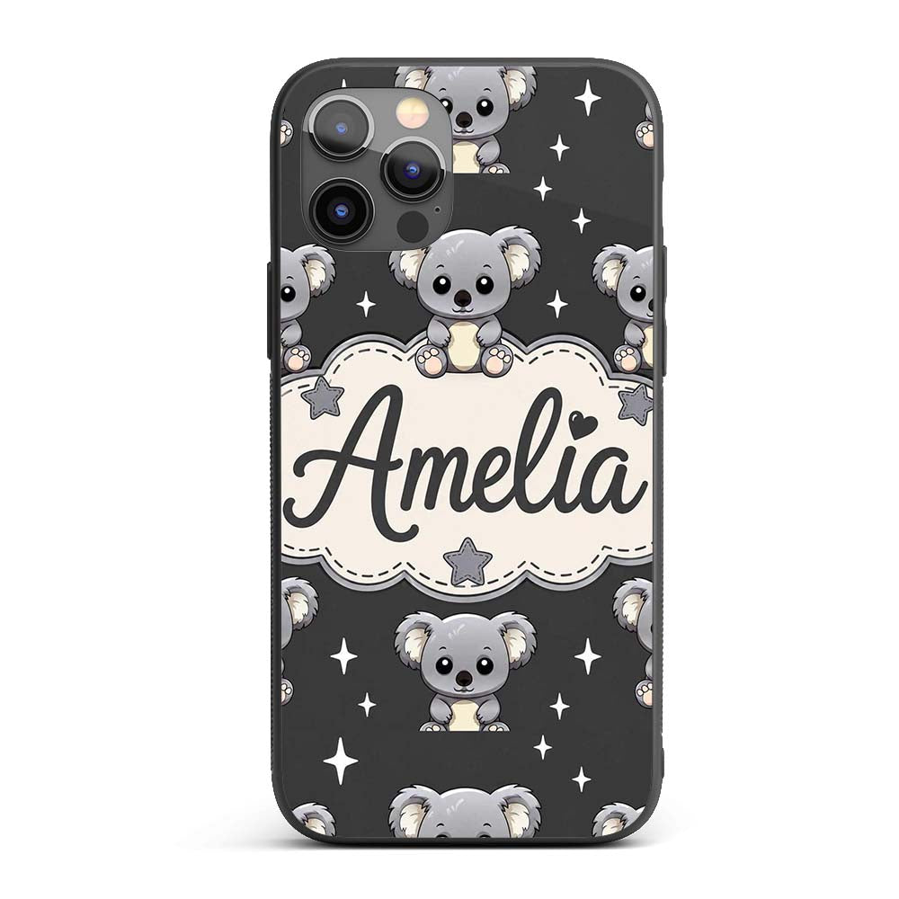 Cute Koala Bears with Stars Dark Grey Background Custom Name Protective Phone Case Mobile Cover Durable Everyday Smartphone Shock Resistant