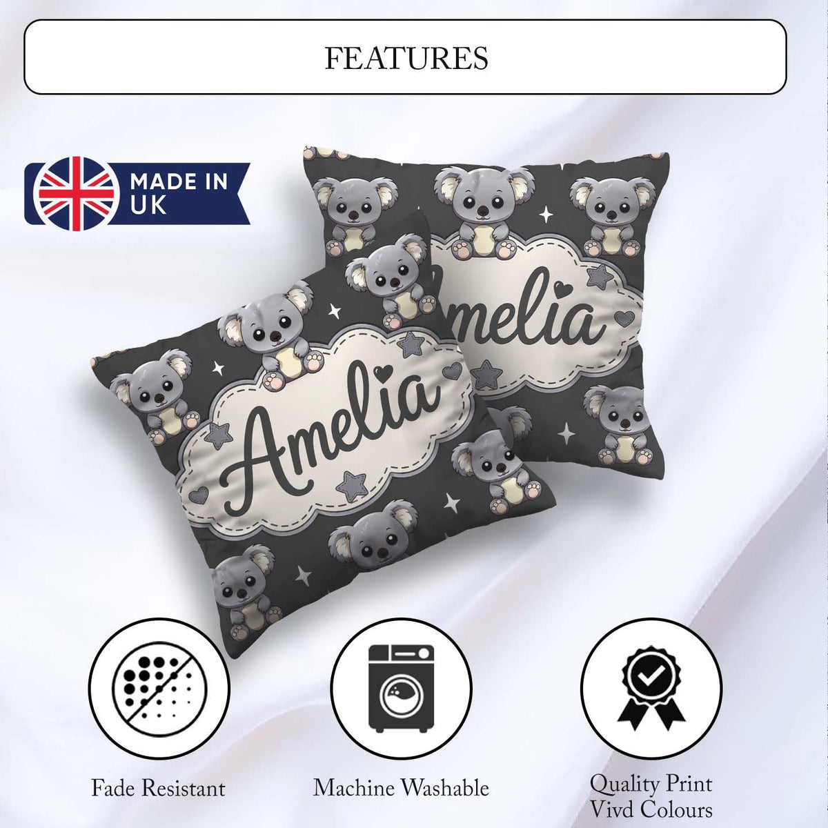 Custom Name Koala Bears with Stars Dark Grey Background Seamless Square Filled Cushion Throw Pillow Sofa Bed Home Decor Zip Washable UK Made