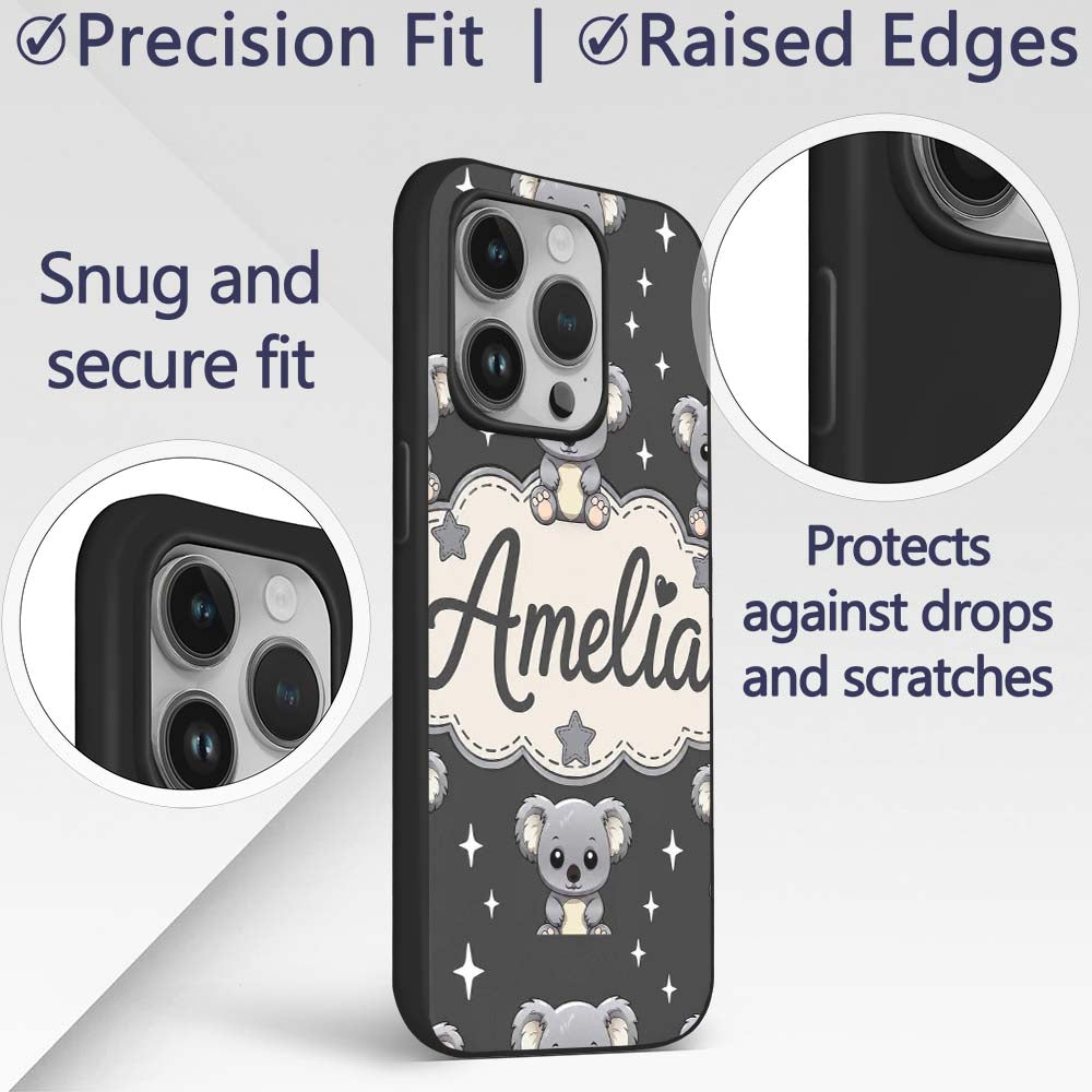 Cute Koala Bears with Stars Dark Grey Background Custom Name Protective Phone Case Mobile Cover Durable Everyday Smartphone Shock Resistant