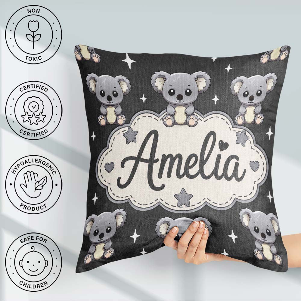 Custom Name Koala Bears with Stars Dark Grey Background Seamless Square Filled Cushion Throw Pillow Sofa Bed Home Decor Zip Washable UK Made